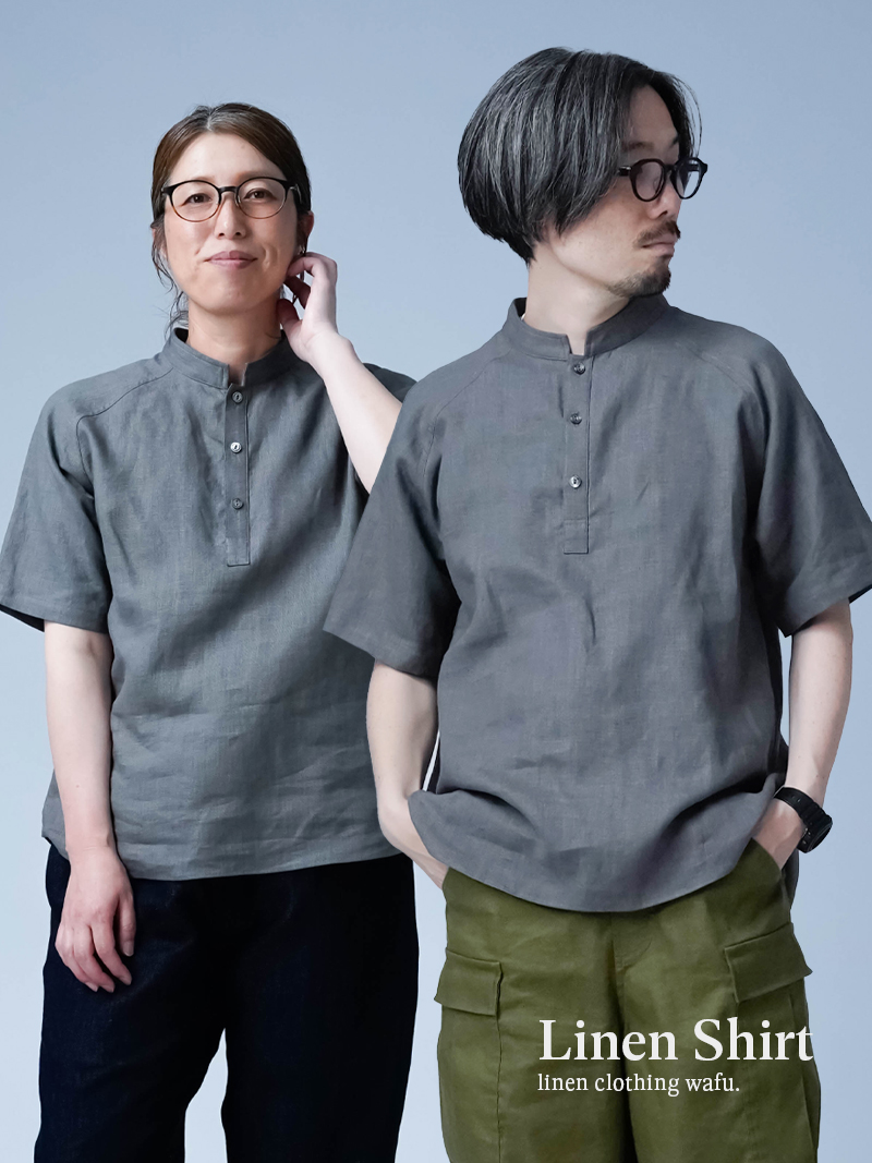 【リネンシャツ】風が抜ける瞬間が気持ちいい！マオカラー ラグランシャツ／ 鈍色 t038k-nib1