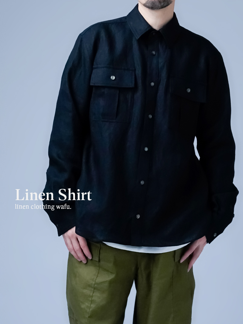 【リネンシャツ】洗練と快適さに包まれる リネン サファリシャツ ／ 黒色 t044d-bck1