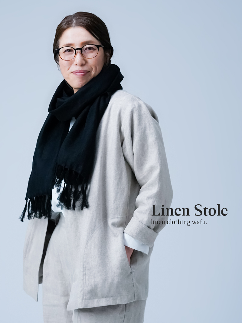 ※生産終了※ふわっとやわらかい Wガーゼのリネンストール 手ほぐしフリンジ / ブラック【約60cm×164cm】z004c-bck2