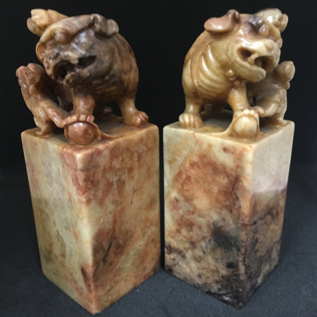 大特価 チラシ 石材 落款用 寿山石 2体1セット 獅子 工芸品