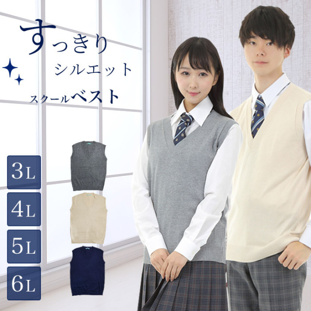 送料無料 綿混 スクールベスト 大きいサイズ対応 3l 4l 5l 6l 男女兼用 薄手 オールシーズン Vネック ニット ベスト 学生 女子高生 女子 男子 高校生 中学生 学校 コットン 紺 ネイビー ベージュ グレー