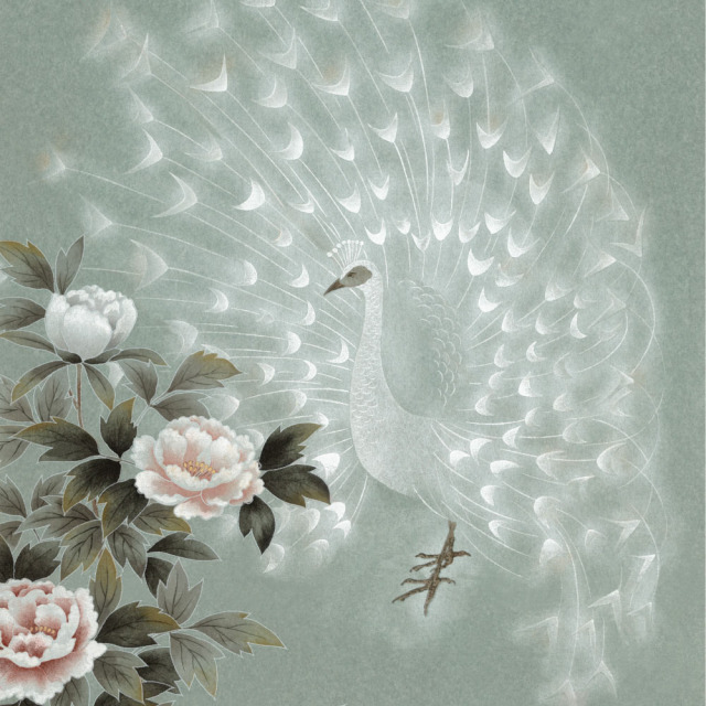 ふすま用リメイクシール・いろはなの白孔雀（デザイン1）