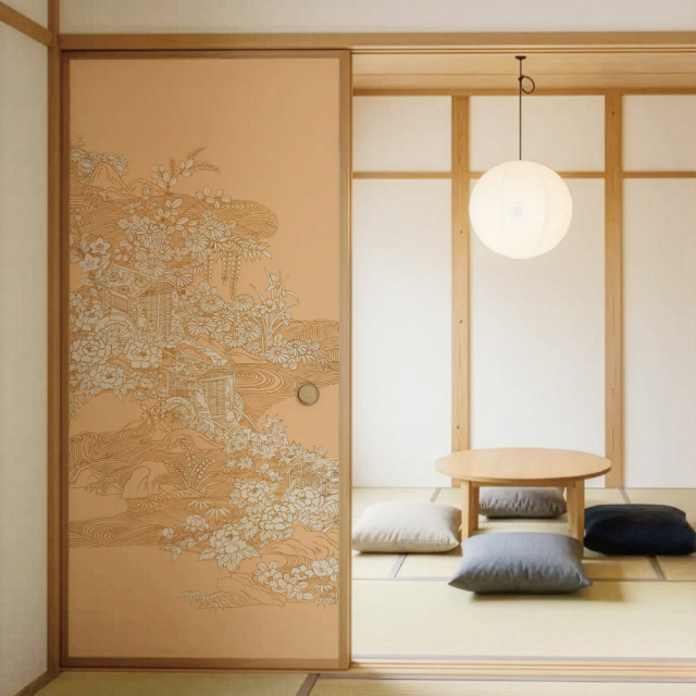 襖画　山水画　襖絵　御所車　（価格変更）お飾り襖画　和室壁面飾り画　１枚限定 金色御所車 こんじきごしょぐるま ／ いろはな ふすま用リメイクシール