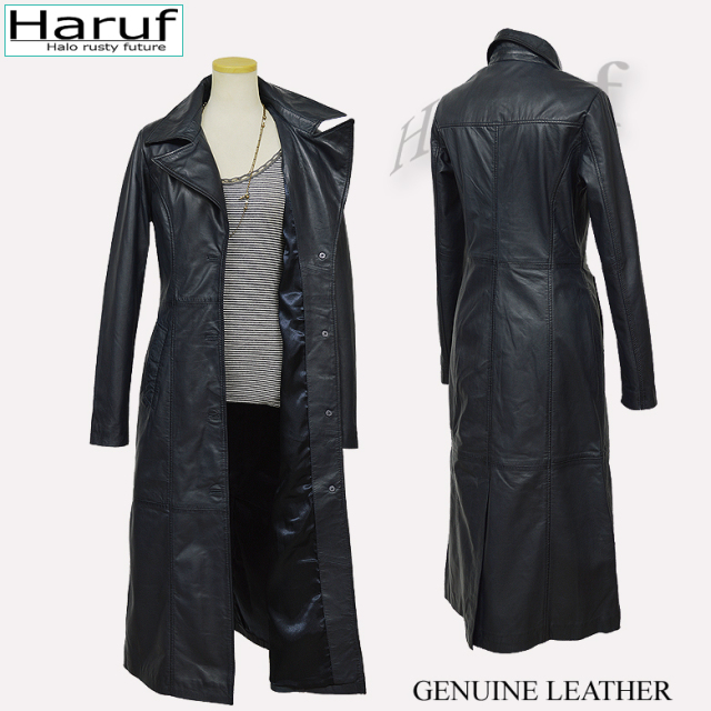 シンプルでおしゃれなレディースの本革レザーロングコートです  