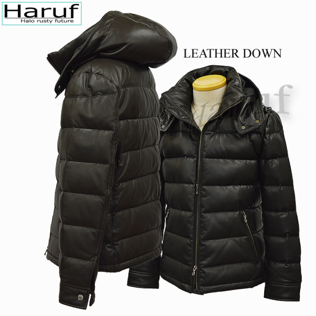 Haruf レザーダウンジャケット フード 付き ダウンジャケット ダウン  