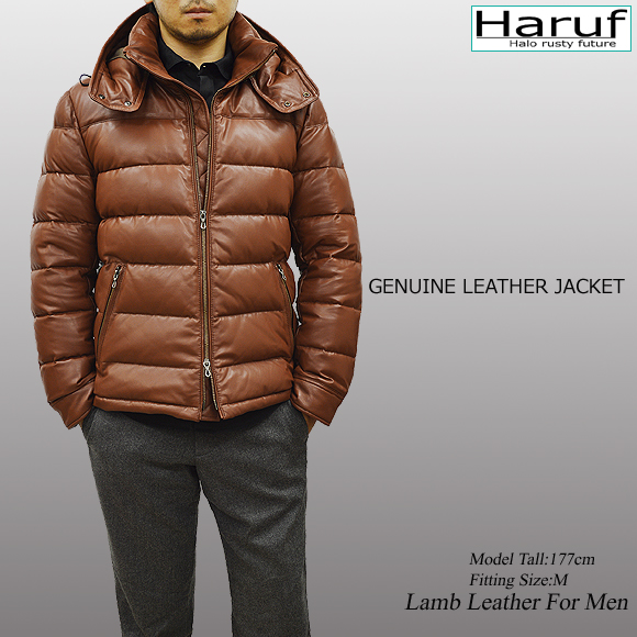 Haruf レザージャケット メンズ 本革 レザーダウンジャケット フード