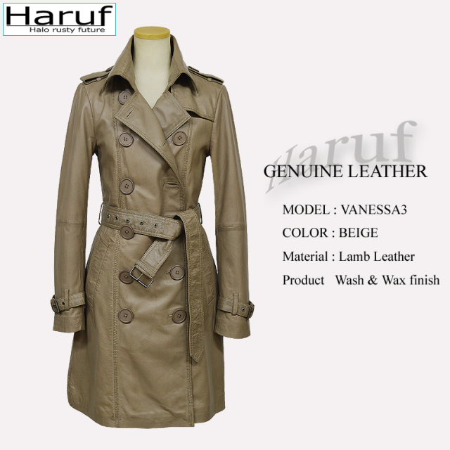 シンプルでおしゃれなレディースの本革ラムレザートレンチコートです  