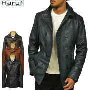 レザージャケットライダースジャケット革ジャン皮ジャン本革メンズピーコートネイビーゴートレザーやぎ革Haruftqppcoatnav