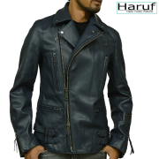 Haruf メンズ レザージャケット ライダースジャケット ブルー