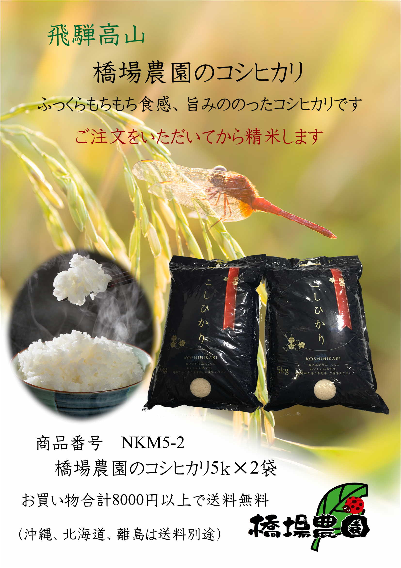 こしひかり　令和7年度産　10ｋ（5ｋ×2袋）お買い物合計8000円以上で送料無料　高食味値　精米したてをお届けします。　岐阜県高山市産　　橋場農園のお米