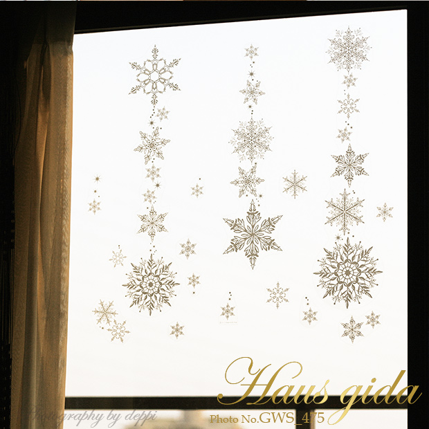 【大きなガラス専用ステッカー　金ラメ・雪の結晶　 A2サイズ】+【ガラス専用クリスマス雪だるま A4サイズ】すうーっと貼ってはがせる  ふちが透き通っていて、ガラスに貼るとキレイ【日本製 シルクスクリーン印刷】