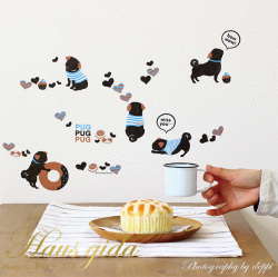 【パグ】貼ってはがせるウォールステッカー 日本製・シルクスクリーン印刷【ゆうパケット対応・A4サイズ】