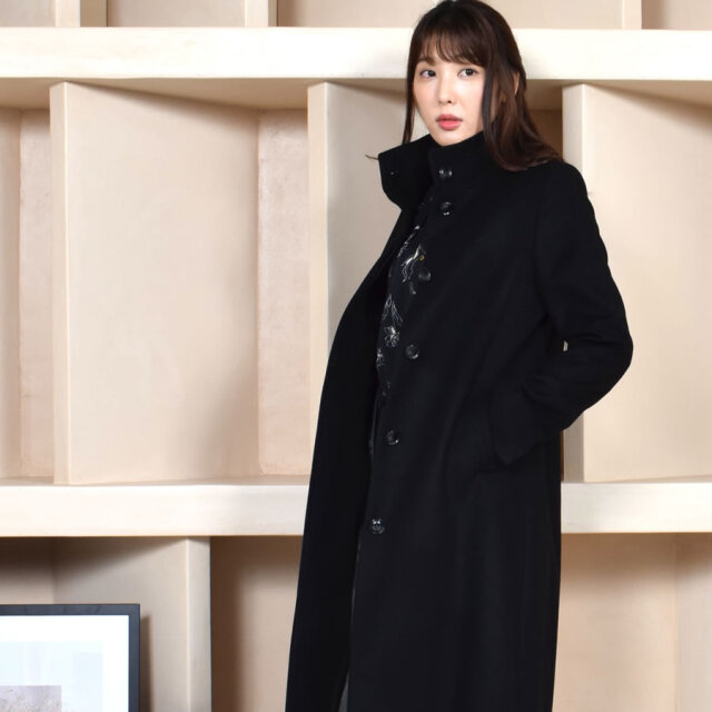 【30%OFF会員割引適用外】カシミヤ & ウール スタンドカラー コート カシミア カシミヤ ウール ロングコート(CA2941)