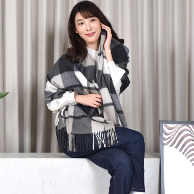 【25%OFF会員価格適用外】【名入れ刺繍可】カシミヤ 100% ストール 大判 チェック柄ストール 【200cm×60cm】(CS1066)