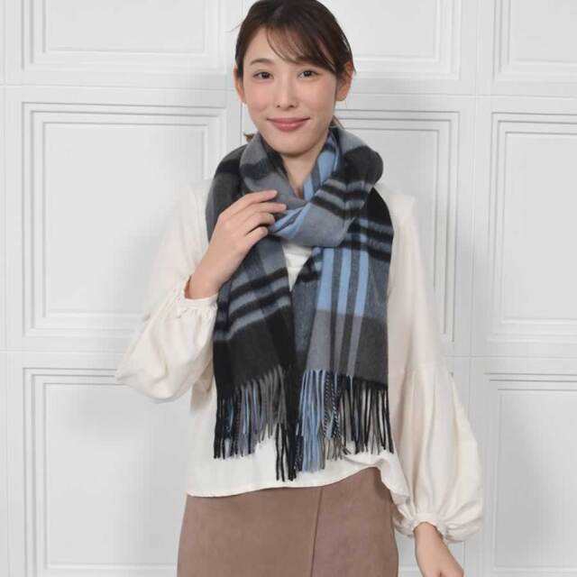 極上カシミヤ100%☆大判ストール☆グレーチェック 名入れ刺繍可】カシミヤ 100％ ストール 大判 チェック柄