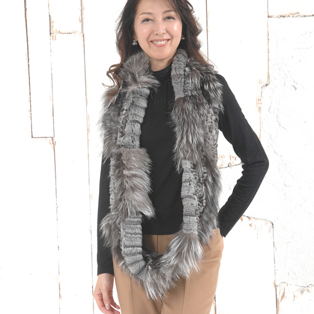 チンチラ シルバーフォックス 編み込み ロング ファー スヌード (SF0615) 