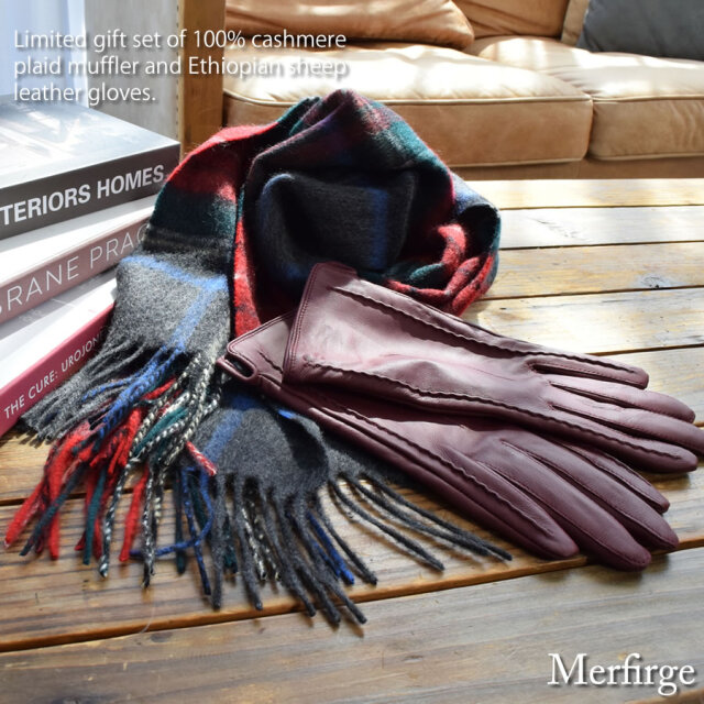 カシミヤ100% マフラー&手袋 名入れ刺繍可】ギフトセット カシミヤ 100％ チェック柄マフラー