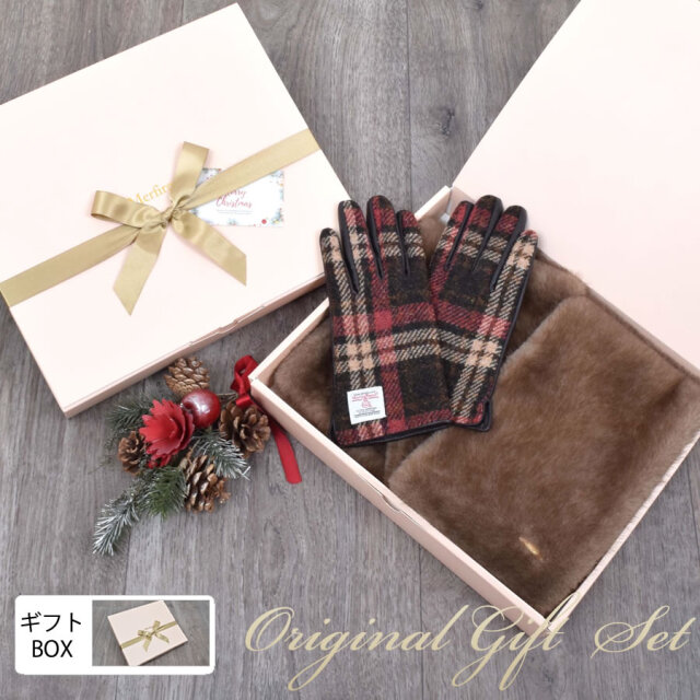 【10%OFFクーポン※会員価格適用】ファー マフラー＆ハリスツイード 手袋 エコファー ギフト セット[Merfirge] Harris Tweed 本革 ラム革 レザー グローブ  スマホ手袋 ウール クリスマス ギフト (XS2530)
