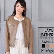 [Merfirge] 本革 ラムレザー ライダース ジャケット ノーカラーレディース (KT61151)