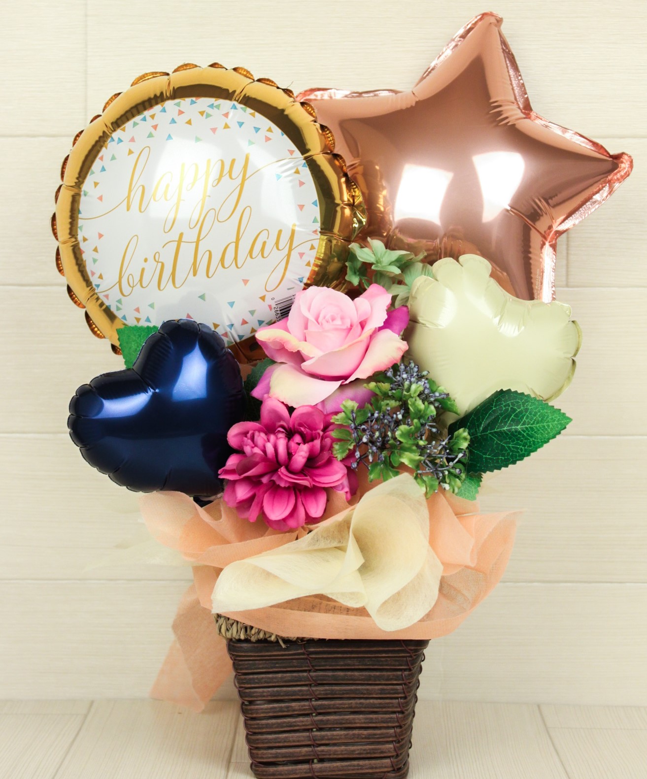 誕生日プレゼント　バルーンアレンジ「大人カワイイ、ローズゴールドの誕生日バルーンアレンジ」 bd0058