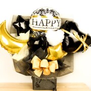 ブラック＆ゴールドでゴージャスな誕生日プレゼント　大人可愛いアレンジ、誕生日、開店祝い、周年記念などに人気です。ot0029