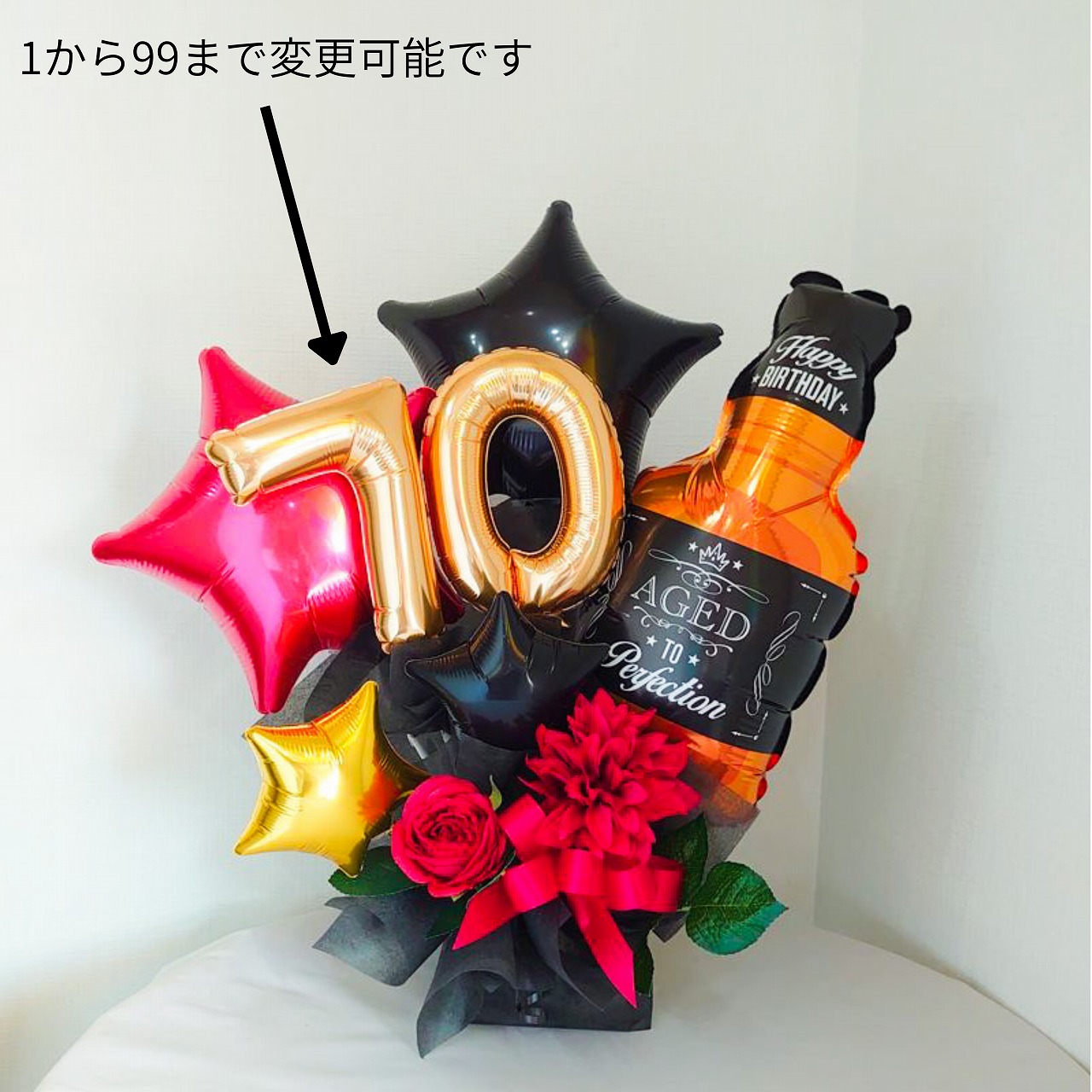 居酒屋、スナック、クラブみたいなお店　開店祝い周年祝いバルーン　数字2ケタ変更可能00から99　「ボトル入りで大人　開店周年祝おめでとうバルーンギフト」 op0051