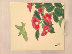 色紙　椿に小鳥