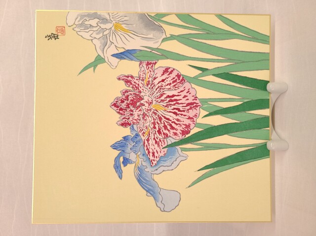 色紙岩彩画　タイトル【葱　　坊主】　木枠額装　印譜有り　作者不詳　模写 木版画 季節の色紙 和紙処 東堀の紙屋