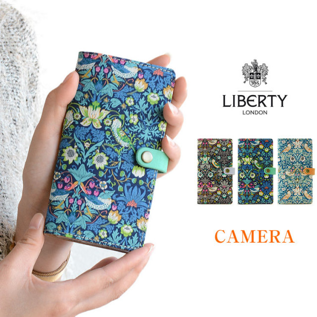 スマホケース 手帳型 全機種対応 本革 かわいい 花柄 紫 <br>「リバティ・Strawberry Thief ストロベリーシーフ・カメラ穴」