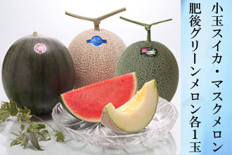 小玉スイカ 1玉・マスクメロン 1玉・肥後グリーンメロン 1玉