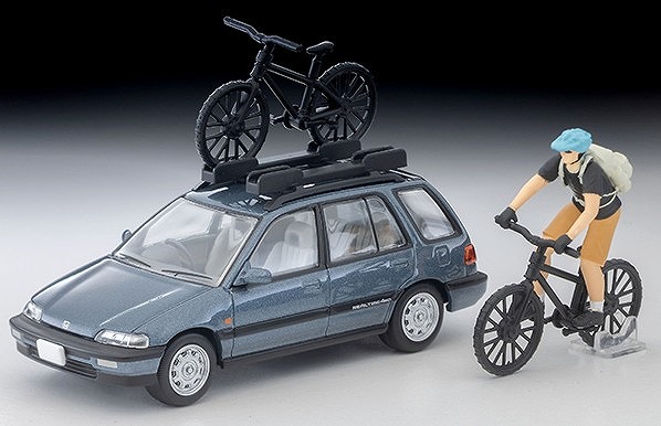 <予約 2026/6月発売予定> TOMYTEC 1/64 ホンダ シビックシャトル RT X（青）90年式 フィギュア、マウンテンバイク付