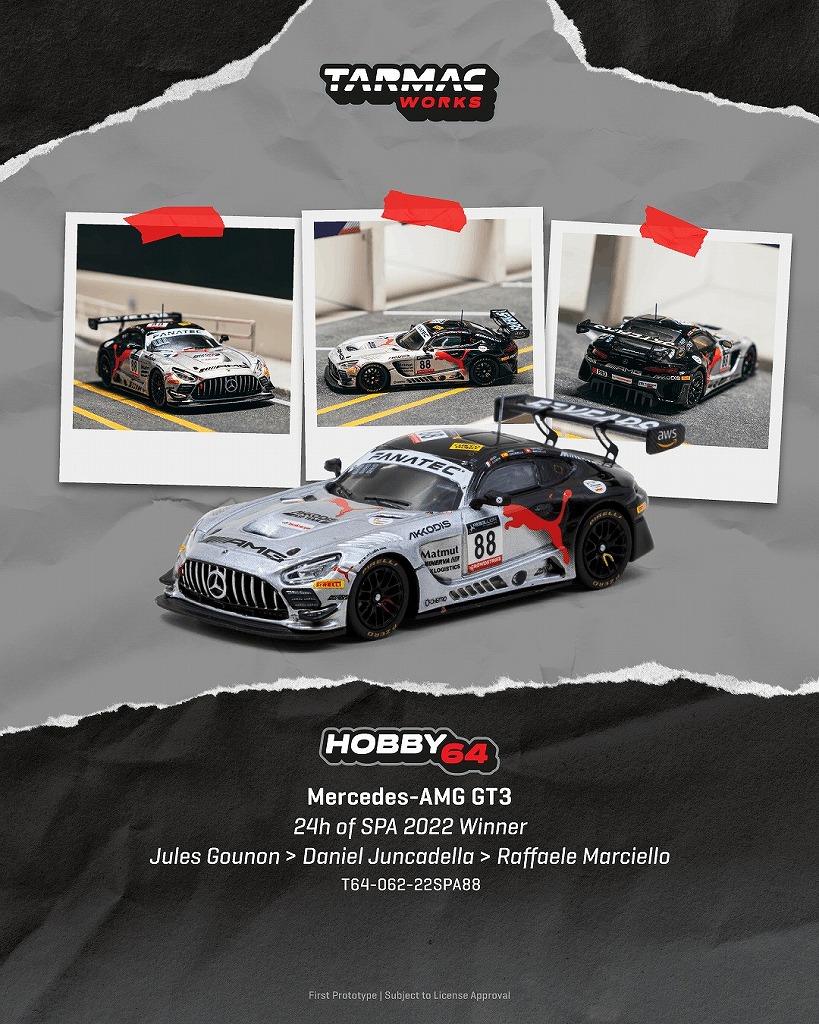 <予約 2027/2月発売予定> TARMAC 1/64 Mercedes-AMG GT3 24h of SPA 2022 Winner Jules Gounon / Daniel Juncadella / Raffaele Marciello