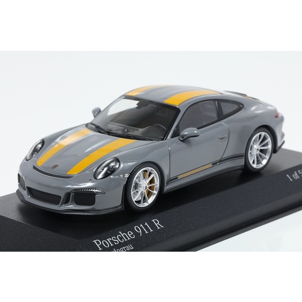 【ミニチャンプス】 1/43 ポルシェ 911 R 2016 ナルドグレー/イエローストライプ/ブラックサイドライン＆イエローロゴ