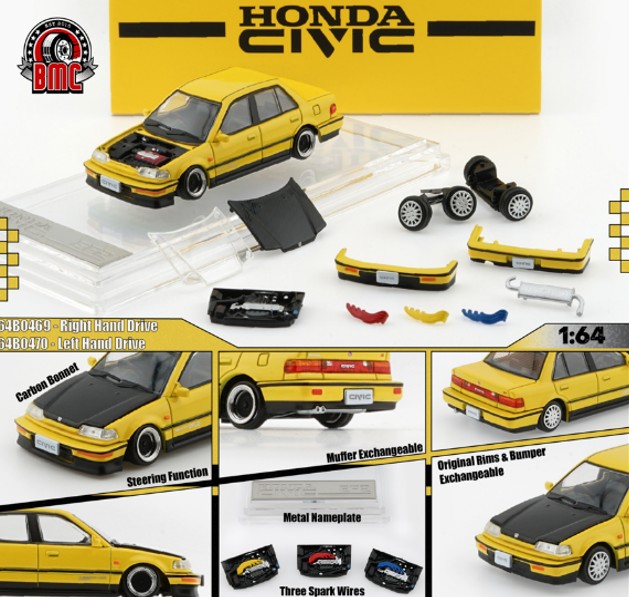 <予約 2026/5月発売予定> BM CREATIONS 1/64 ホンダ シビック EF2 1991 カスタムイエロー/ブラックボンネット RHD