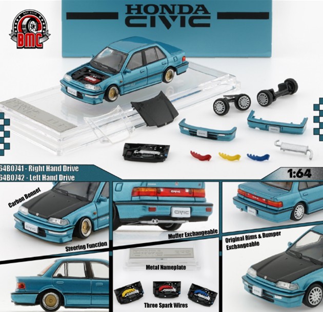 <予約 2026/5月発売予定> BM CREATIONS 1/64 ホンダ シビック EF2 1991 カスタムブルー/ブラックボンネット RHD