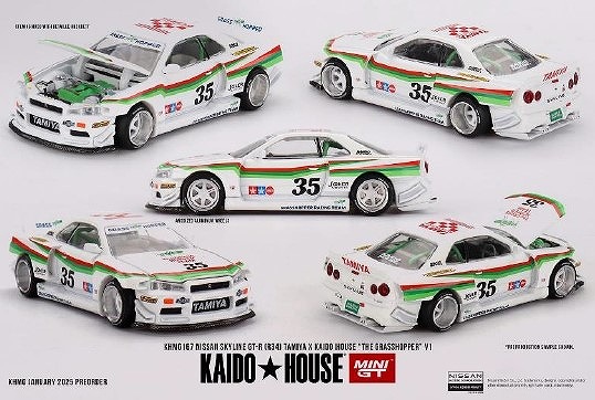 MINI GT 1/64 Nissan スカイライン GT-R R34 TAMIYA x KAIDO HOUSE"グラスホッパー" V1(右ハンドル)