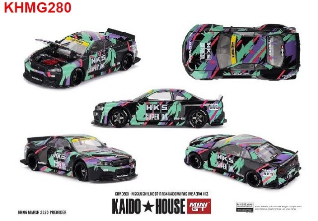<予約 2026/8月以降発売予定> MINI GT 1/64 Nissan スカイライン GT-R R34 Kaido Works (V2 エアロ) HKS(右ハンドル)