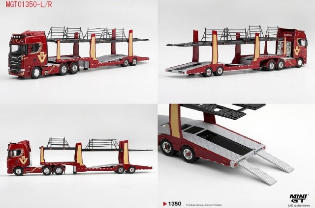 <予約 2026/12月発売予定> MINI GT 1/64 スカニア 770S A6x4NA V8 50周年記念モデルカートランスポーター レッド(左ハンドル)
