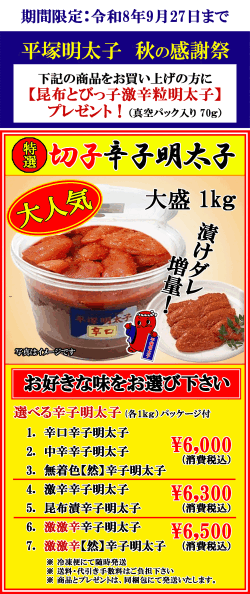 秋の感謝祭　切子 明太子大盛パッケージ！ 　新商品のプレゼント付！