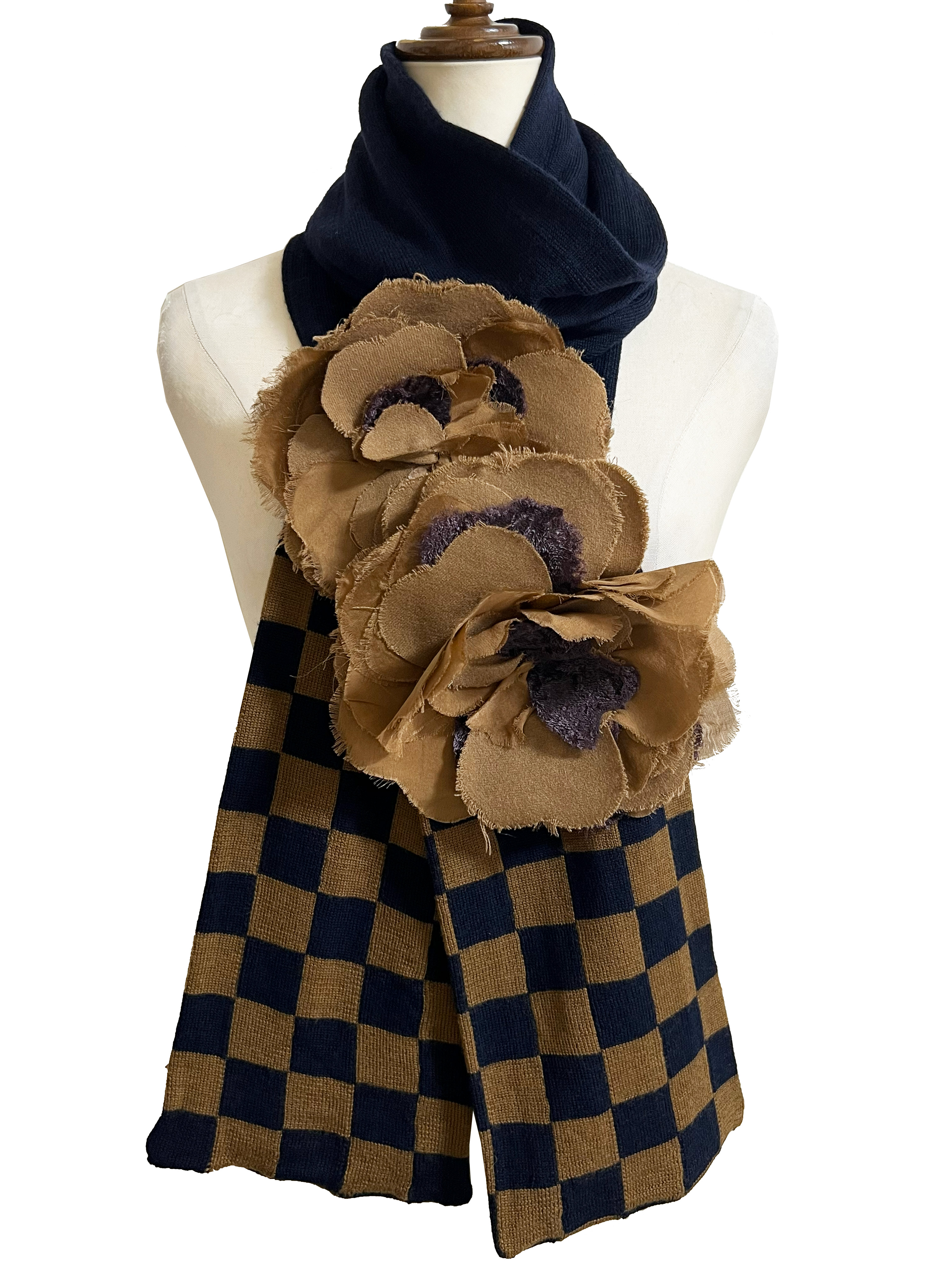 ニット、マフラー、ジャカード、市松、コサージュ