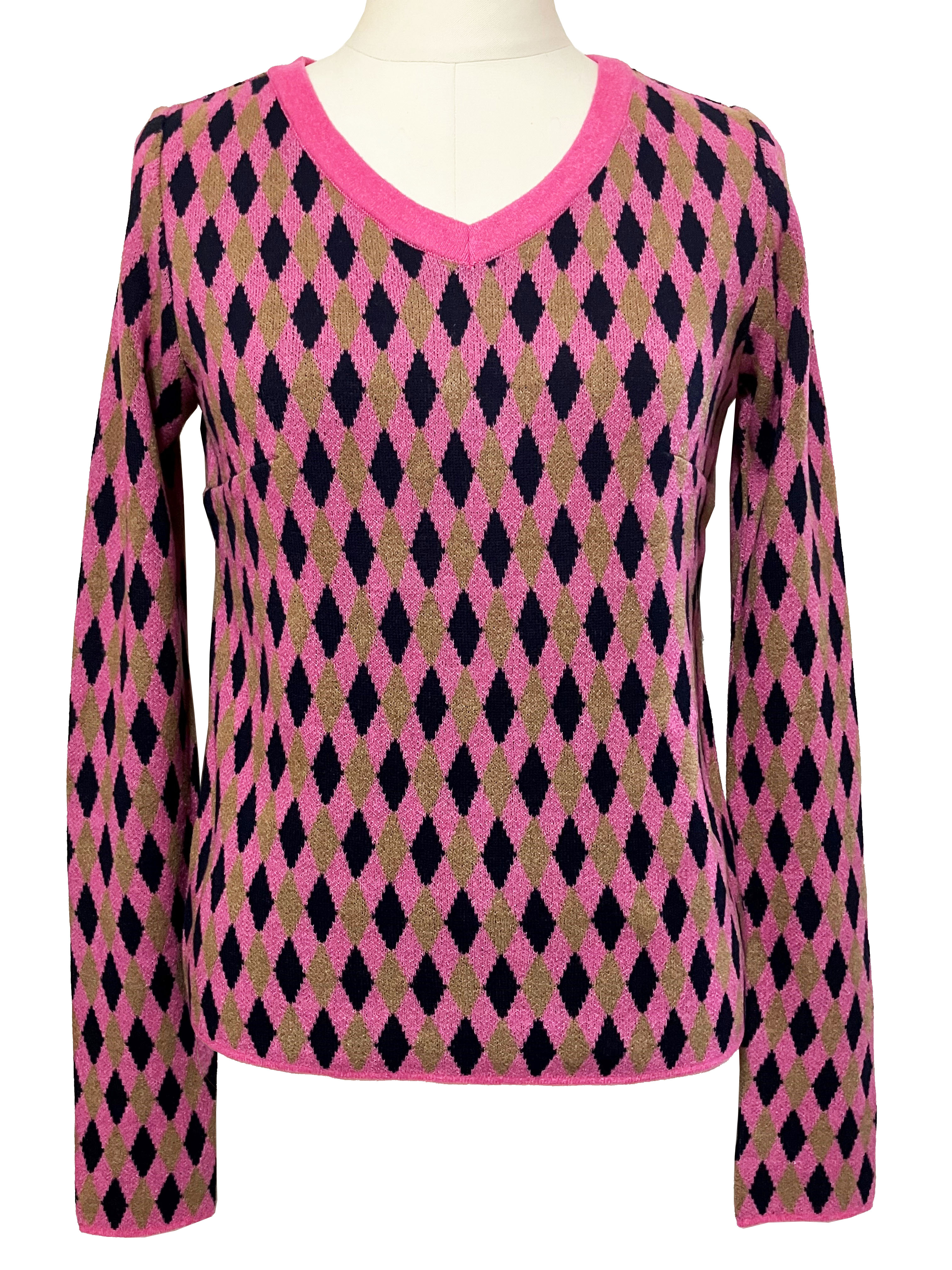 ニット、トップス、ジャカード、長袖、Vネック