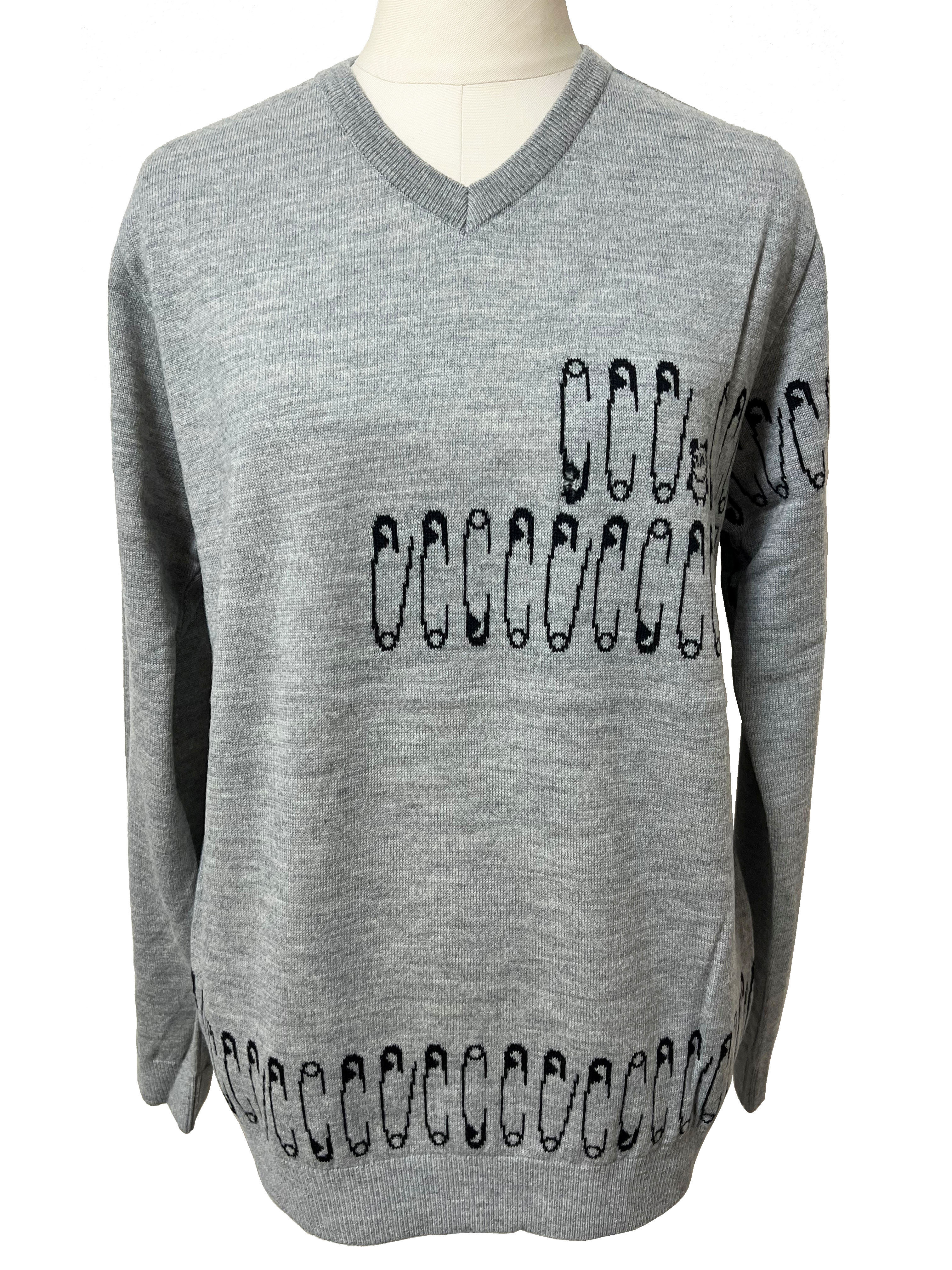 ニット、ユニセックス、安全ピン、ジャガード、Vネック