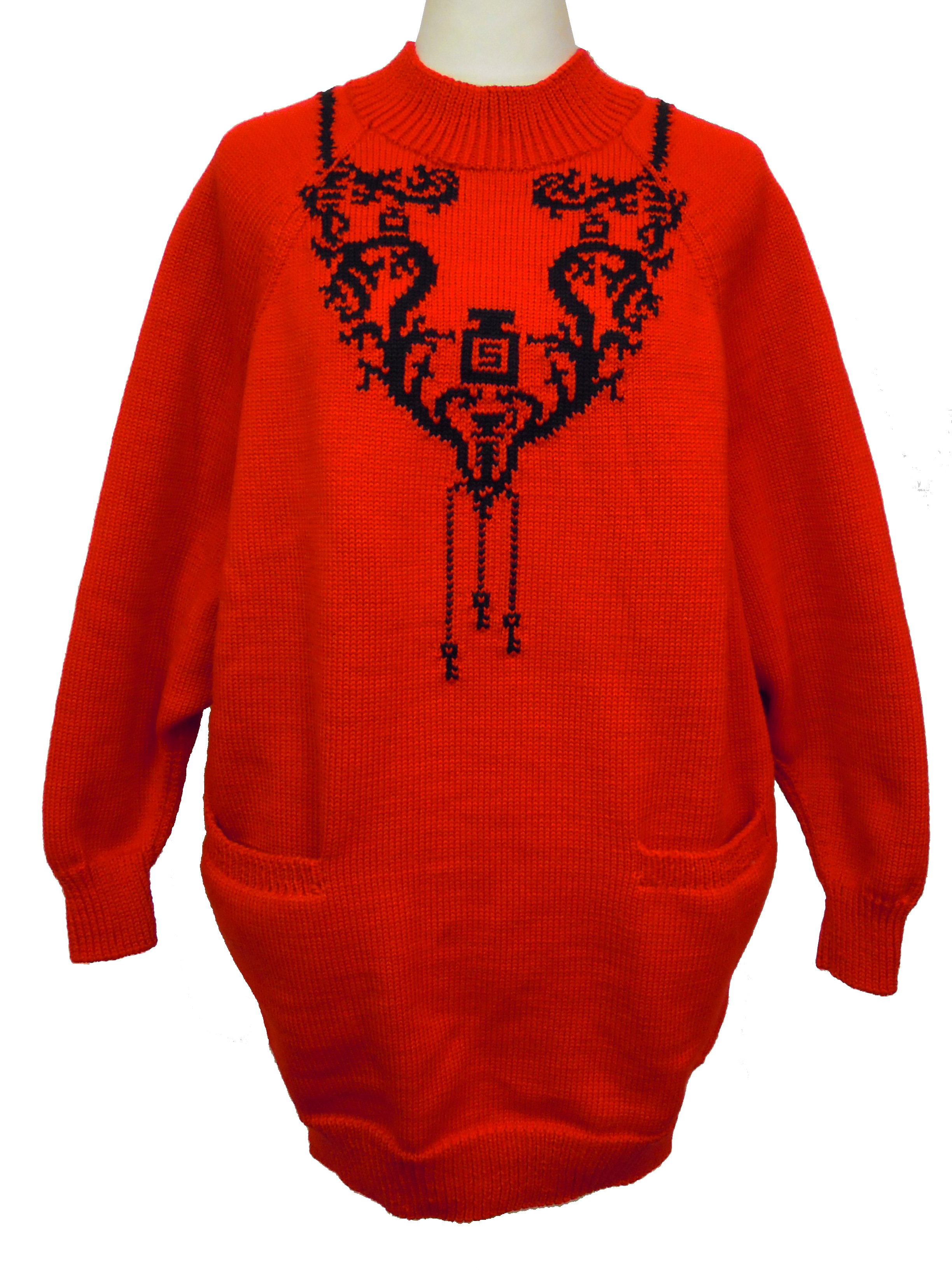 ニット、ワンピース、手編み、ジャガード、クルーネック