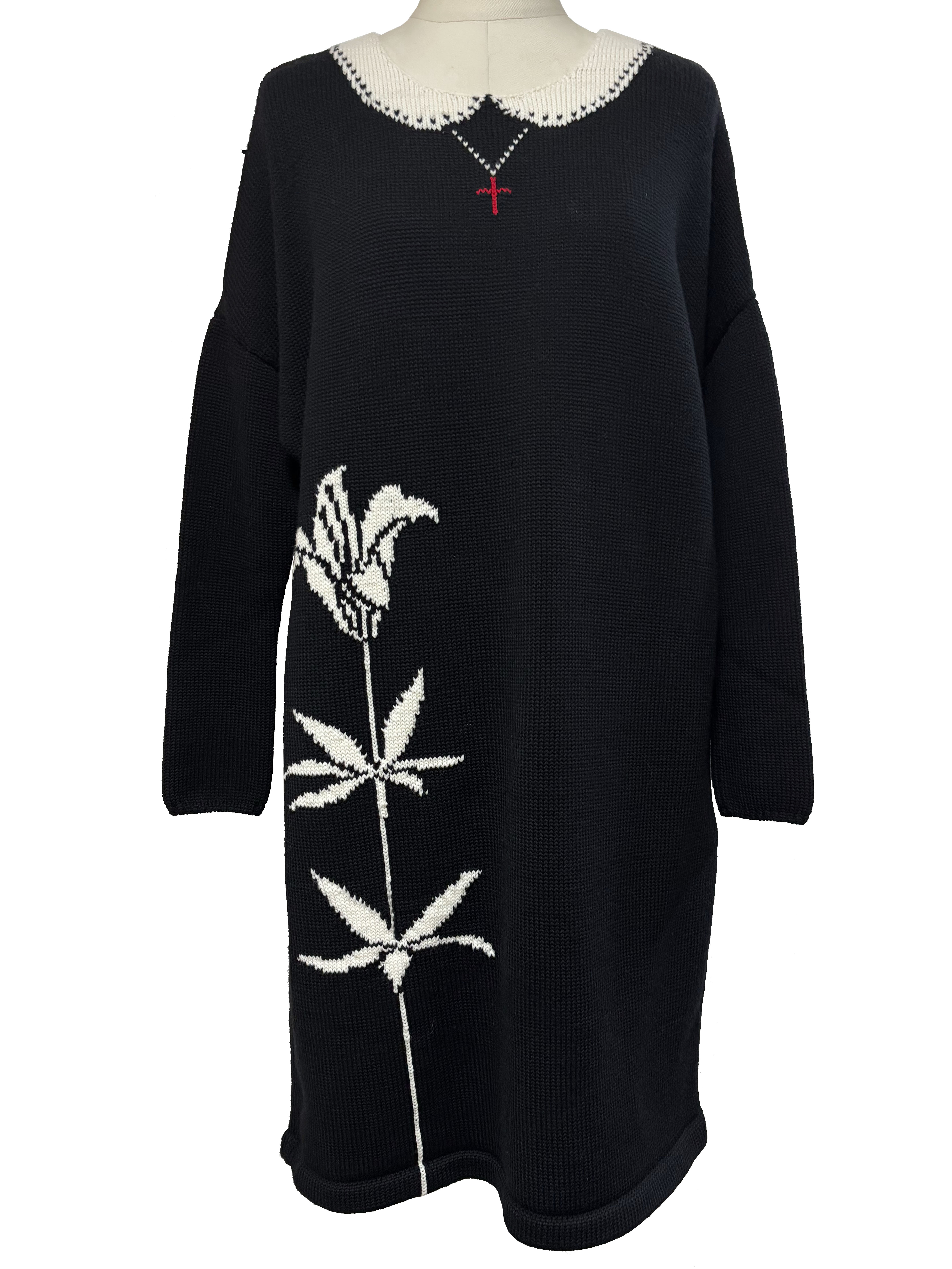 ニット、ワンピース、インターシャ、百合、クルーネック