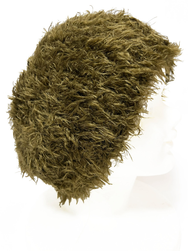 ニット、帽子、キャップ、ファーヤーン、カーキ