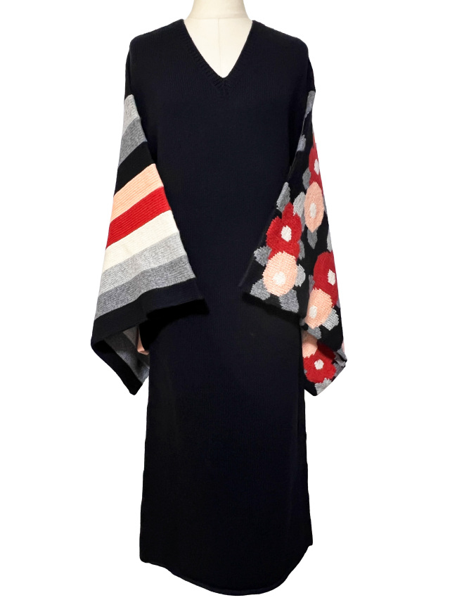 ニット、ツバキ、インターシャ、着物スリーブ、ワンピース