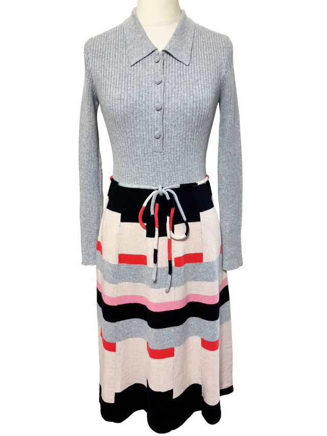 ニット、ポロ衿、インターシャ、リブ編、ワンピース