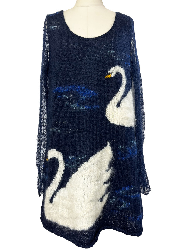 ニット、ワンピース、モヘア、白鳥、ジャカード