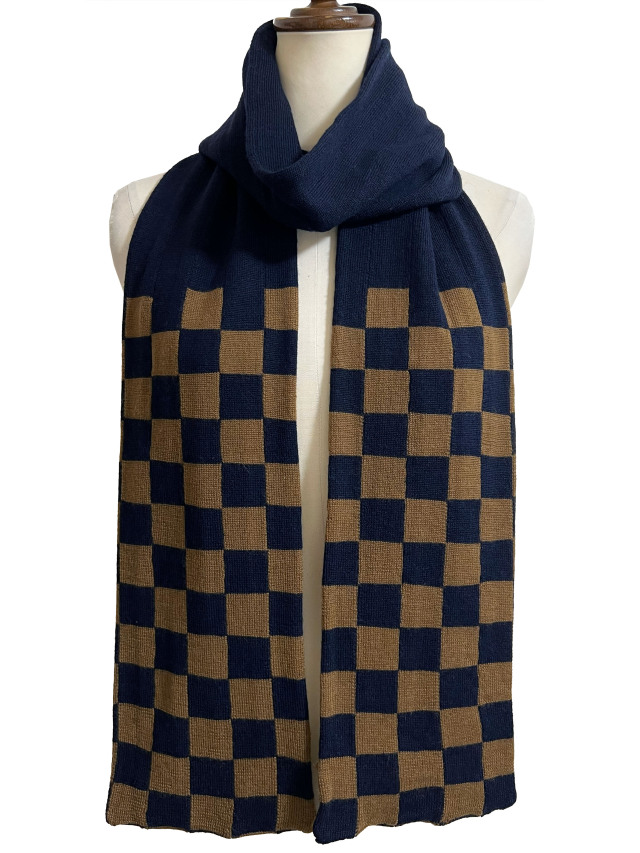 ニット、マフラー、ジャカード、市松、コサージュ