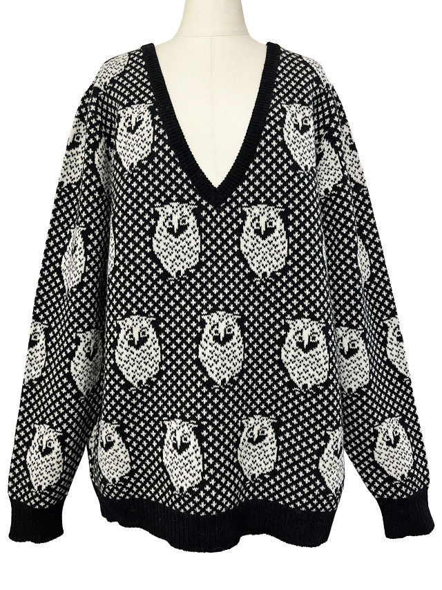 ニット、トップス、ジャカード、長袖、Vネック